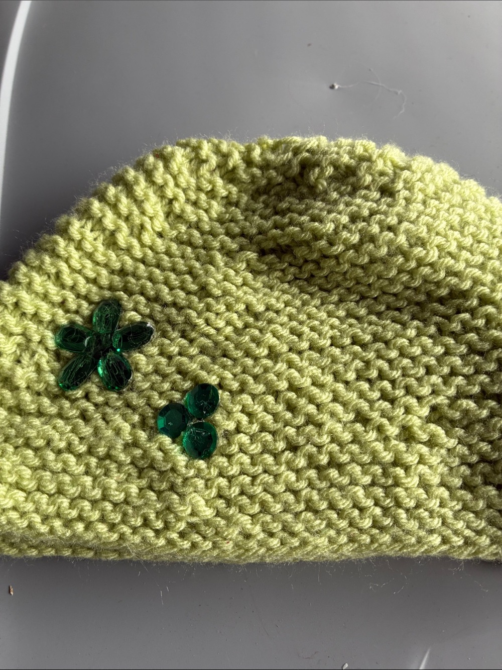 Kids Green Knit Beanie with Gem Flower Accent